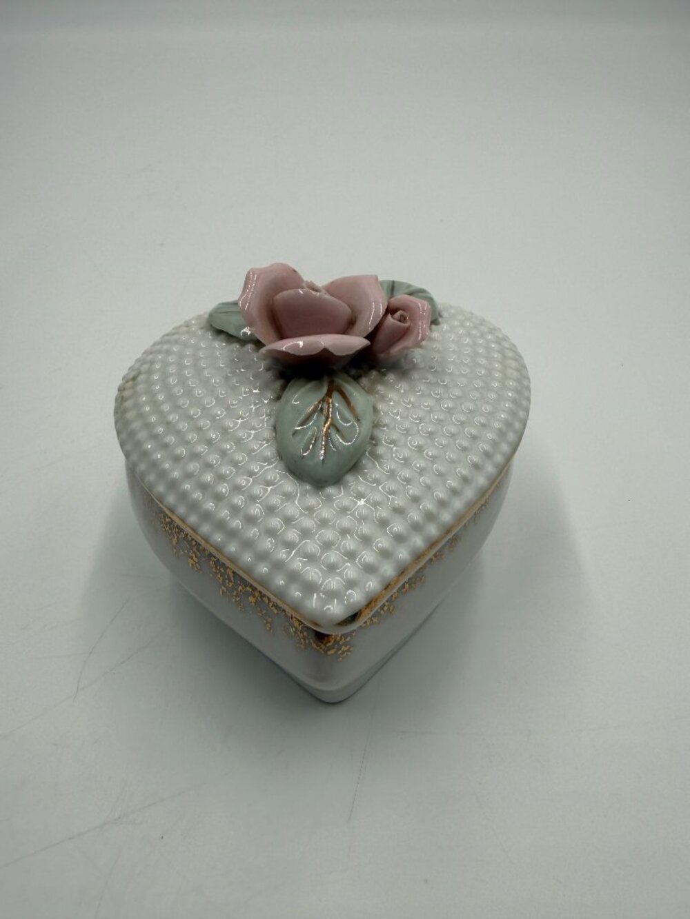 Hobnail Rose Trinket Box Heart Shaped Storage Keepsake Box Ring Holder 3" Japan